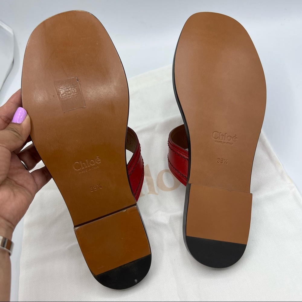CHLOE Demi Leather Slide Flat Sandals Size EU 39.5 US 9.5 Red Tan Gold hardware - Picture 5 of 8
